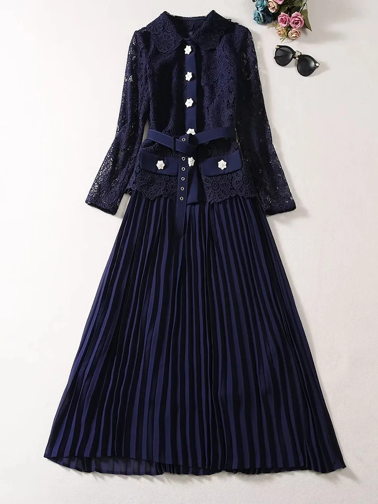 Runway Autumn Crochet Lace Pleated Dresses for Women Two Piece Outfit Blue Elegant Party Long Sleeve Vestido Fiesta Holiday
Runway Autumn Crochet Lace Pleated Dresses for Women Two Piece Outfit Blue Elegant Party Long Sleeve Vestido Fiesta Holiday