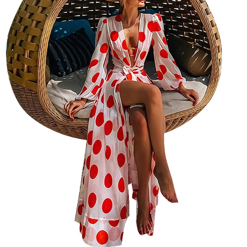 Платье-миди в горошек с длинным рукавом и V-образным вырезом
Платье-миди в горошек с длинным рукавом и V-образным вырезом