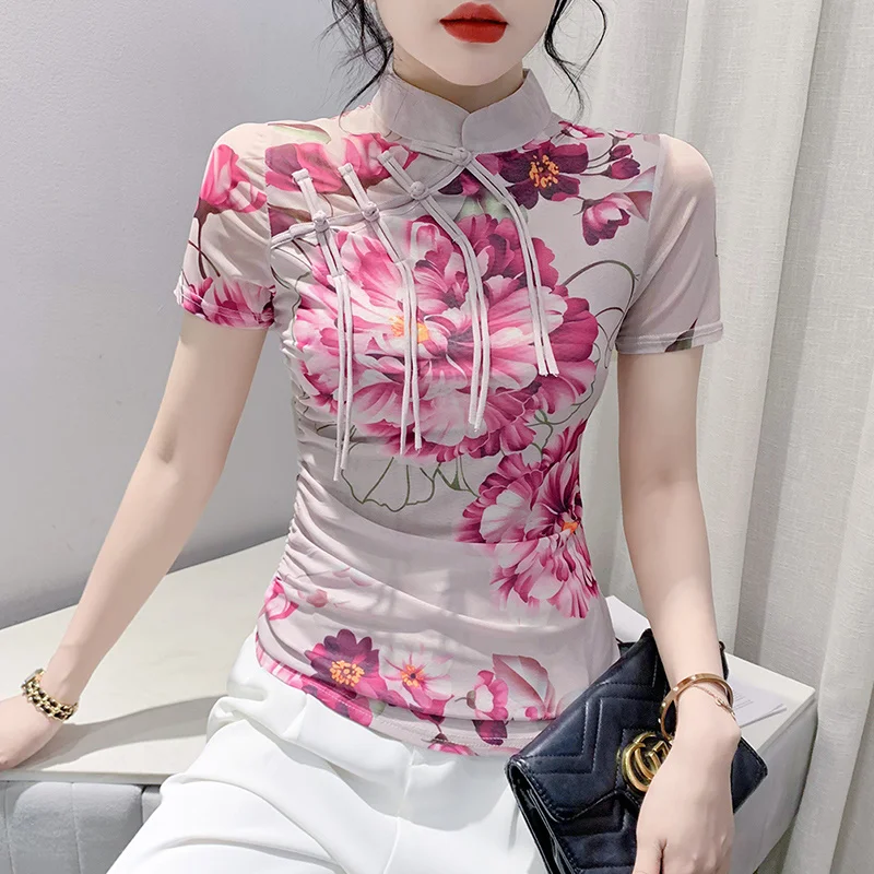 

#6822 Vintage Floral Print Mesh Tshirt Women Short Sleeve Stand Collar Oblique Buttons Chinese Style Retro Short T Shirt Summer