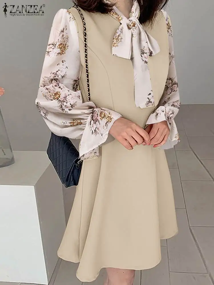 

Женское Короткое платье ZANZEA в стиле пэчворк с поясом, элегантное офисное платье-трапеция с завязкой на шее, цветочное Прозрачное мини-платье с пышными рукавами