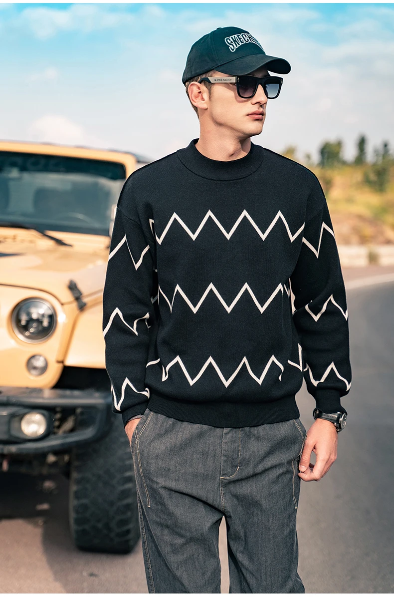 

Осень-зима 2094, мужской теплый свитер с круглым вырезом, капюшон с контрастным волнистым узором
