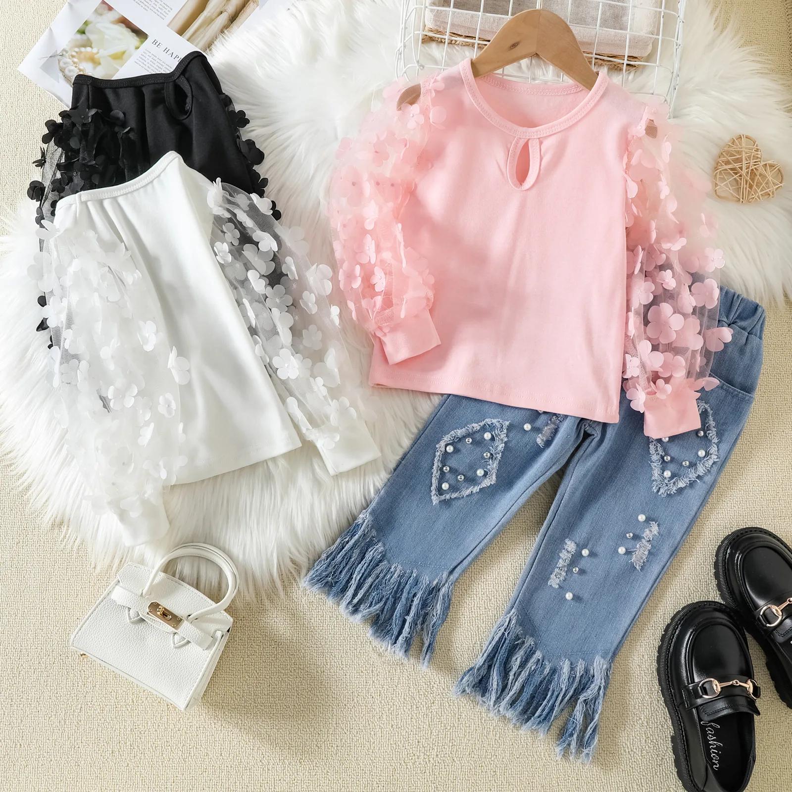 New Baby Girls Mesh Stitching Solid Color Tops with Beads Tassel Fringe Denim Pants Children's Suits Baby Girl Outfit Set
New Baby Girls Mesh Stitching Solid Color Tops with Beads Tassel Fringe Denim Pants Children's Suits Baby Girl Outfit Set