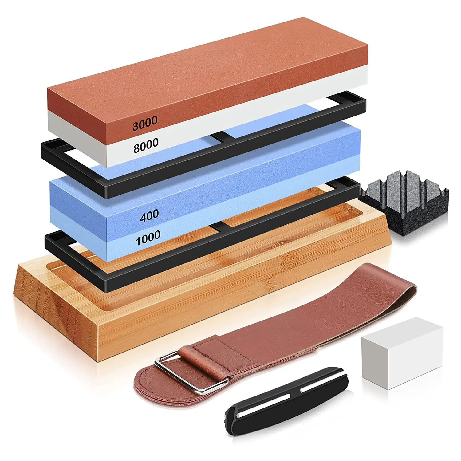 Knife Sharpening Stone 4 Side Grit 400/1000 3000/8000, Whetstone Knife Sharpener, Knife Sharpening Kit with Bamboo Base 
Knife Sharpening Stone 4 Side Grit 400/1000 3000/8000, Whetstone Knife Sharpener, Knife Sharpening Kit with Bamboo Base