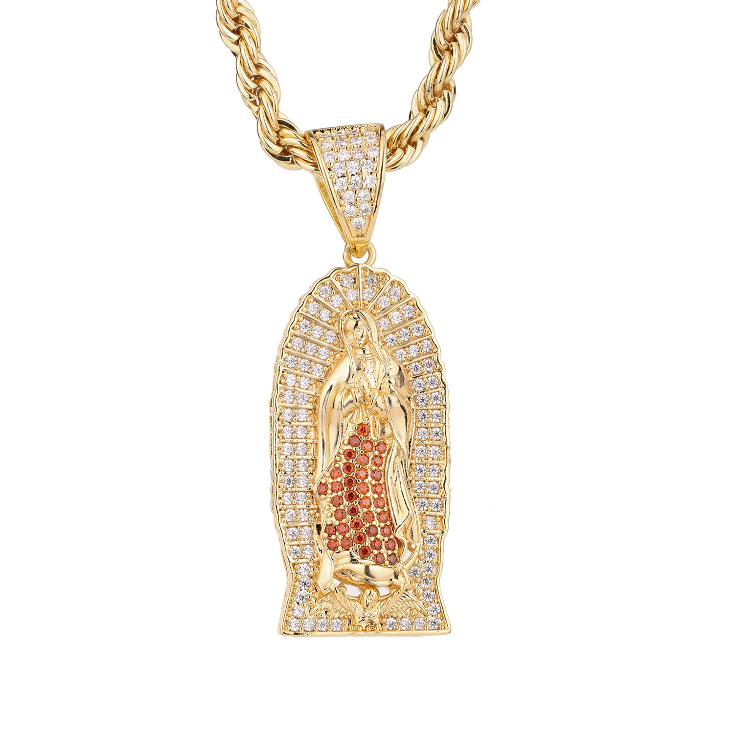 

High Quality Religion Jesus Guadalupe 14K Gold Plated Zirconia Zircon Copper Iced Out Hip Hop Jewelry Pendant