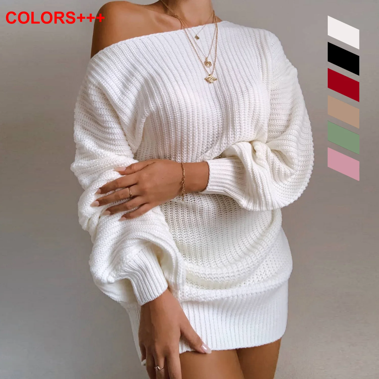 New autumn and winter women's European and American casual strapless lantern sleeve knitted sweater dress
New autumn and winter women's European and American casual strapless lantern sleeve knitted sweater dress