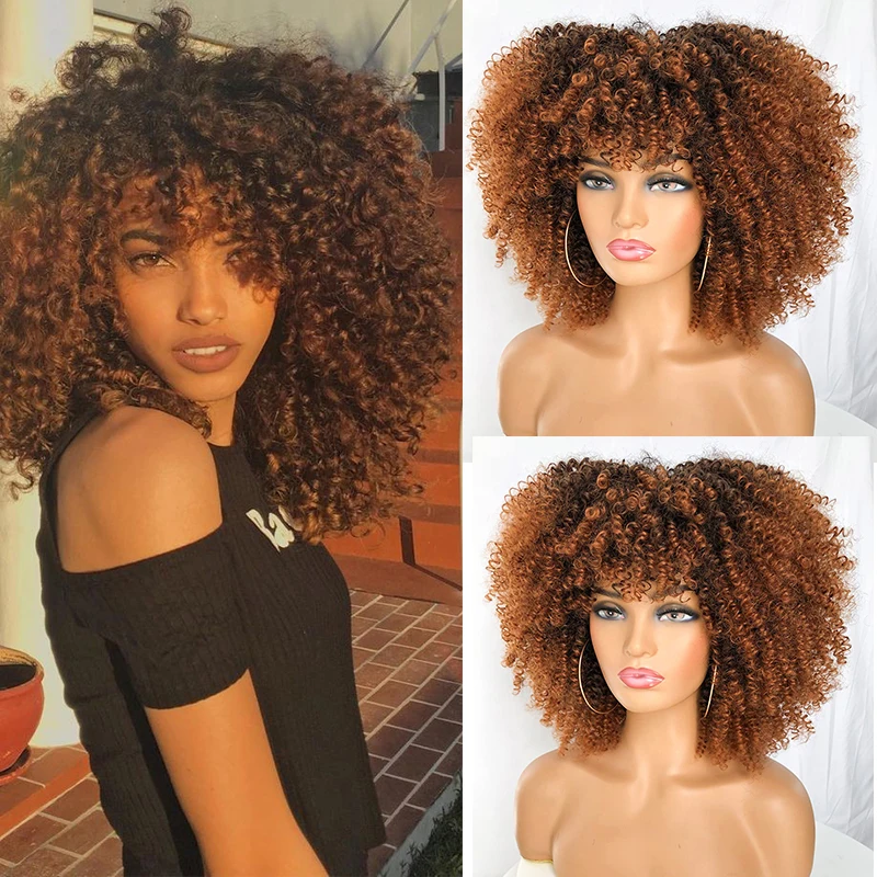 

Short Afro Kinky Curly Wig Ombre Brown Curlys Wigs with Bang Bouncy Fluffy Synthetic Cosplay Wigs for Black Women Heat Resistant