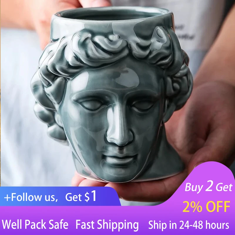 

Large Capacity Ceramic Cup Spain Ancient Greece Apollo David Head Mug Sculpture Coffee Cup Desktop Ornaments Office Water Cup