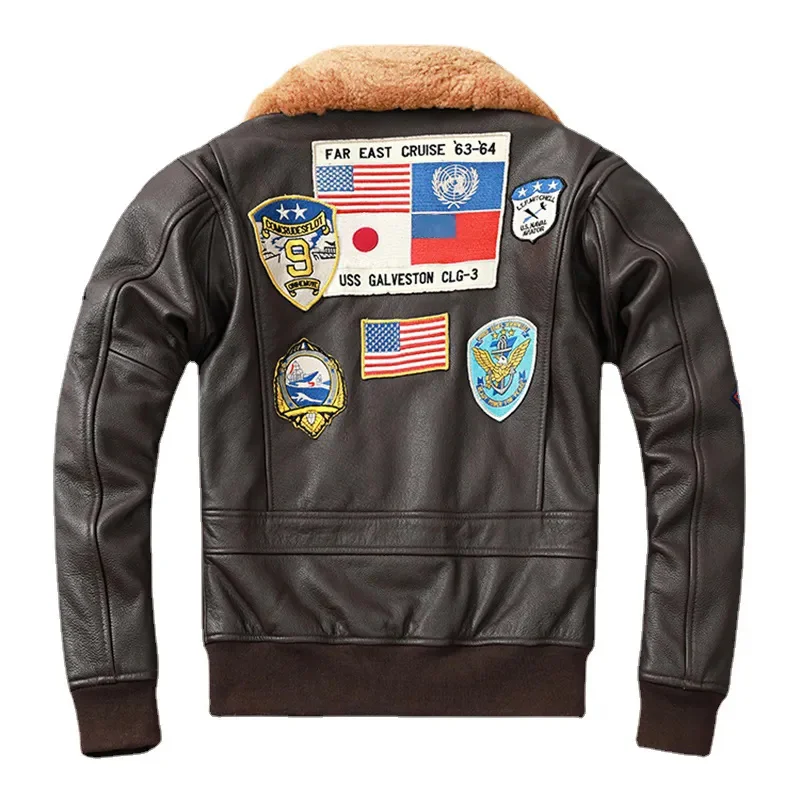 

Embroidery Aviator Bomber G1 Flight Jacket Cowhide Leather Coat Men Air Force Winter Clothing AviationCoats Real Fur Collar M-XL