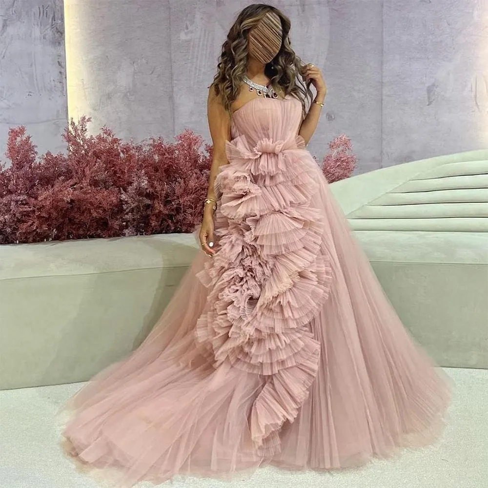 

Розовое Тюлевое вечернее платье с оборками в несколько рядов в саудовском, арабском стиле, без бретелек, со складками, ТРАПЕЦИЕВИДНОЕ платье для выпускного вечера, свадебные платья
