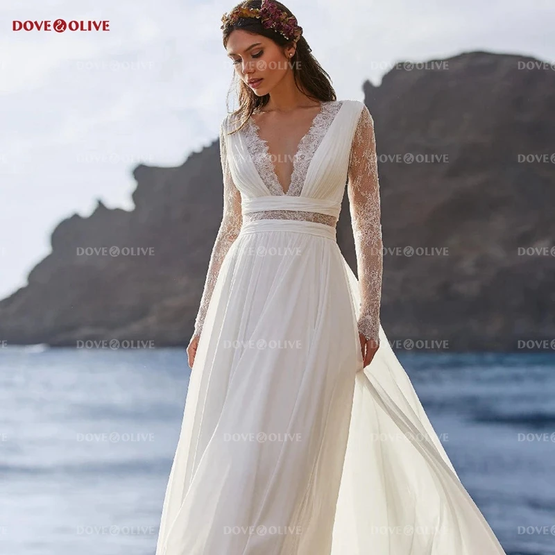 Full Sleeves Lace Chiffon Beach Wedding Dresses 2022 A Line Deep V Neck Long Floor Length Bridal Gowns Formal Women Boho 
Full Sleeves Lace Chiffon Beach Wedding Dresses 2022 A Line Deep V Neck Long Floor Length Bridal Gowns Formal Women Boho