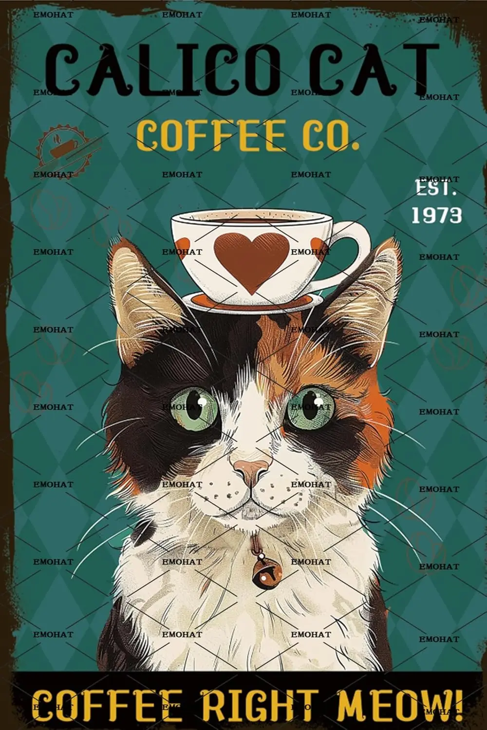 EMOHT Ct Metl Sgn Funny Wll Decor Clco Coffee Co. Кофе Rght Meow! Tn Br rt Плакат Cts