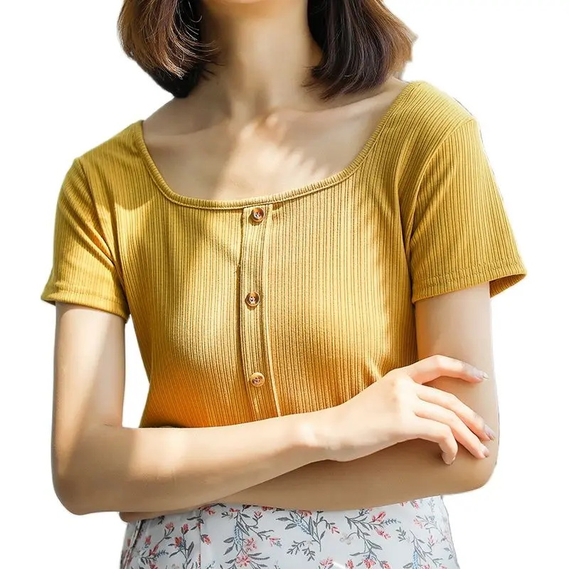 Itoolin Buttons Tops Knitted Square Collar T-Shirt Women Short Sleeve Summer Yellow Solid Crop Top Ladies Tees Women Summer
Itoolin Buttons Tops Knitted Square Collar T-Shirt Women Short Sleeve Summer Yellow Solid Crop Top Ladies Tees Women Summer