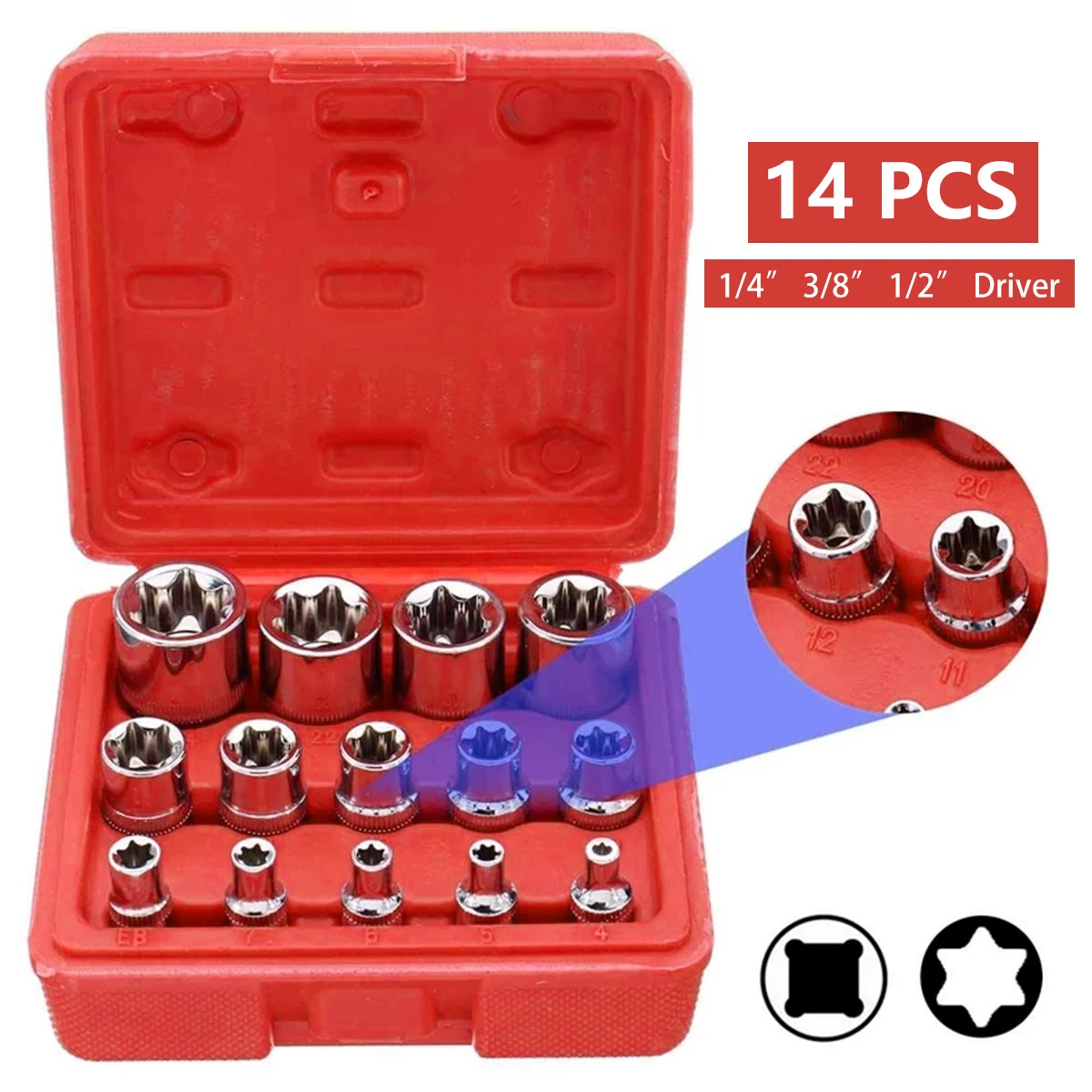 14Pcs E Torx Socket Set Female E-Torx Star Socket Set Portable E4-E24 External Torque Star Socket Kit Professional Durable
14Pcs E Torx Socket Set Female E-Torx Star Socket Set Portable E4-E24 External Torque Star Socket Kit Professional Durable