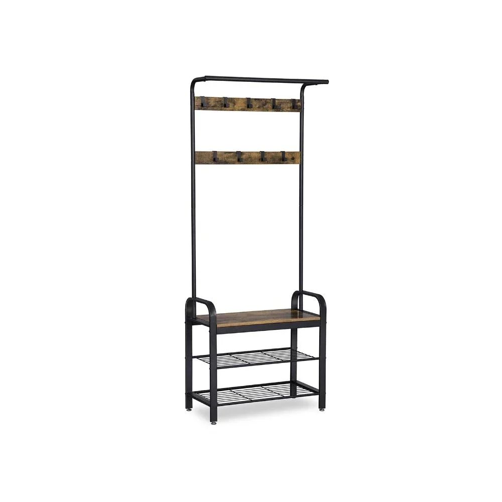 Wood and Metal Tubular Frame Hall Tree with 9 Hooks, Rustic Brown and Black
Wood and Metal Tubular Frame Hall Tree with 9 Hooks, Rustic Brown and Black
