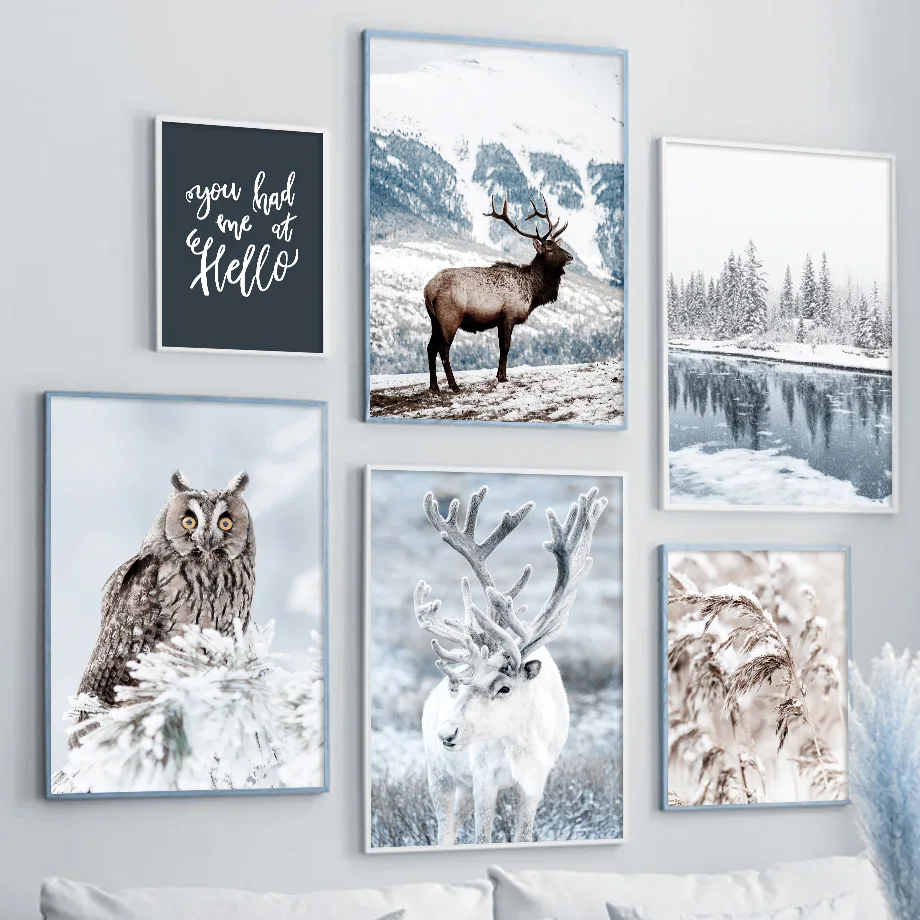 

Зимний снег олень Сова река тростник настенная Картина на холсте скандинавские постеры и принты настенные картины для декора гостиной