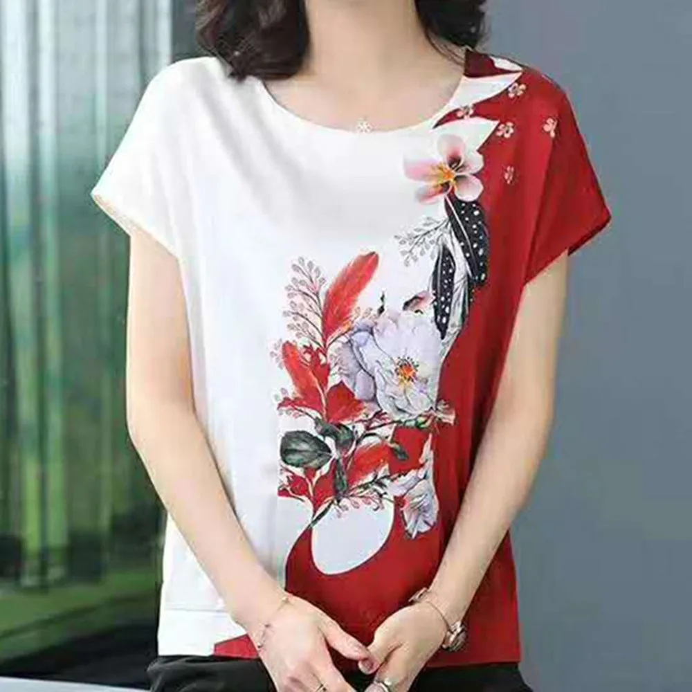 Womens Daily Blouse Ice Silk Round Neck Loose Flower Print Short Sleeve Top Mother T-shirt Casual Tops O-neck Clothing
Womens Daily Blouse Ice Silk Round Neck Loose Flower Print Short Sleeve Top Mother T-shirt Casual Tops O-neck Clothing