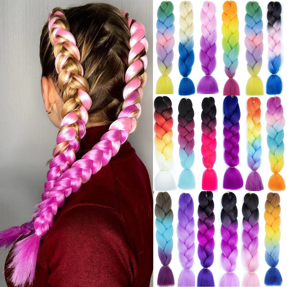 

24 дюйм плетение волос синтетические волосы Kanekalon для наращивания, афро розовые, зеленые, синие, Омбре, кроше, джамбо волосы, высокотемператур...