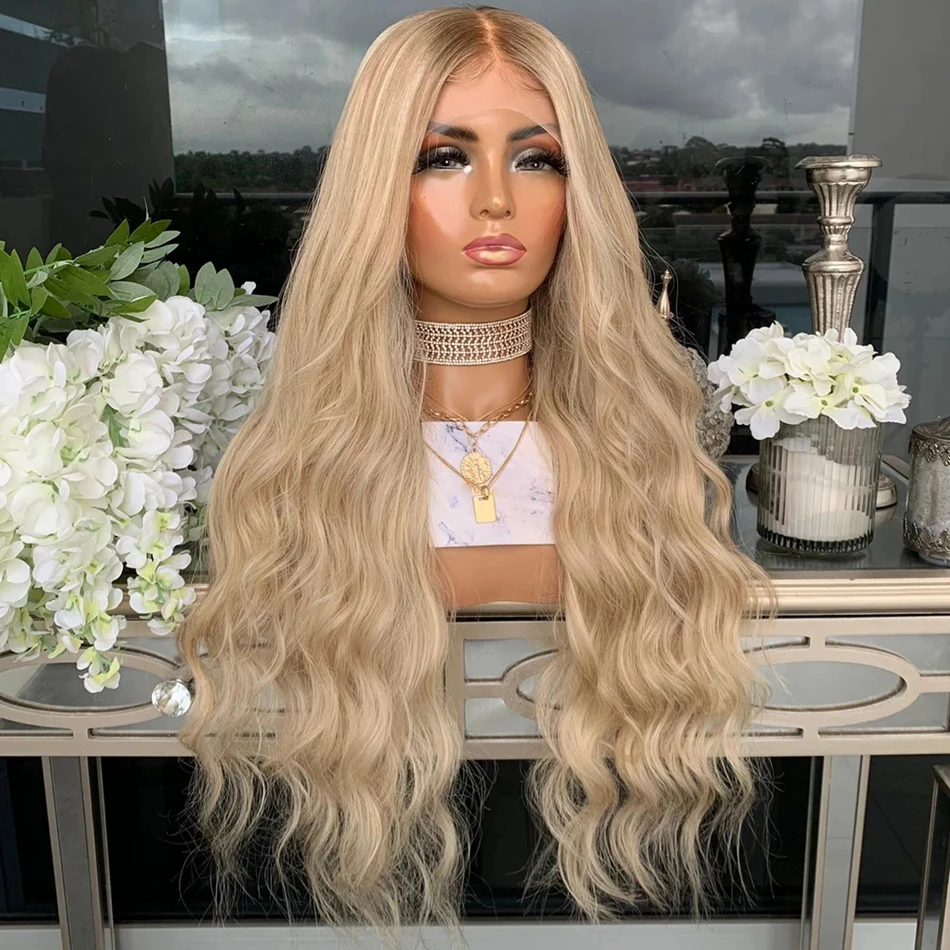 

Long Ombre Blonde Wavy Synthetic Lace Front Wigs for Women High Temperature Fiber Glueless Natural Hairline Highlight Lace Wigs