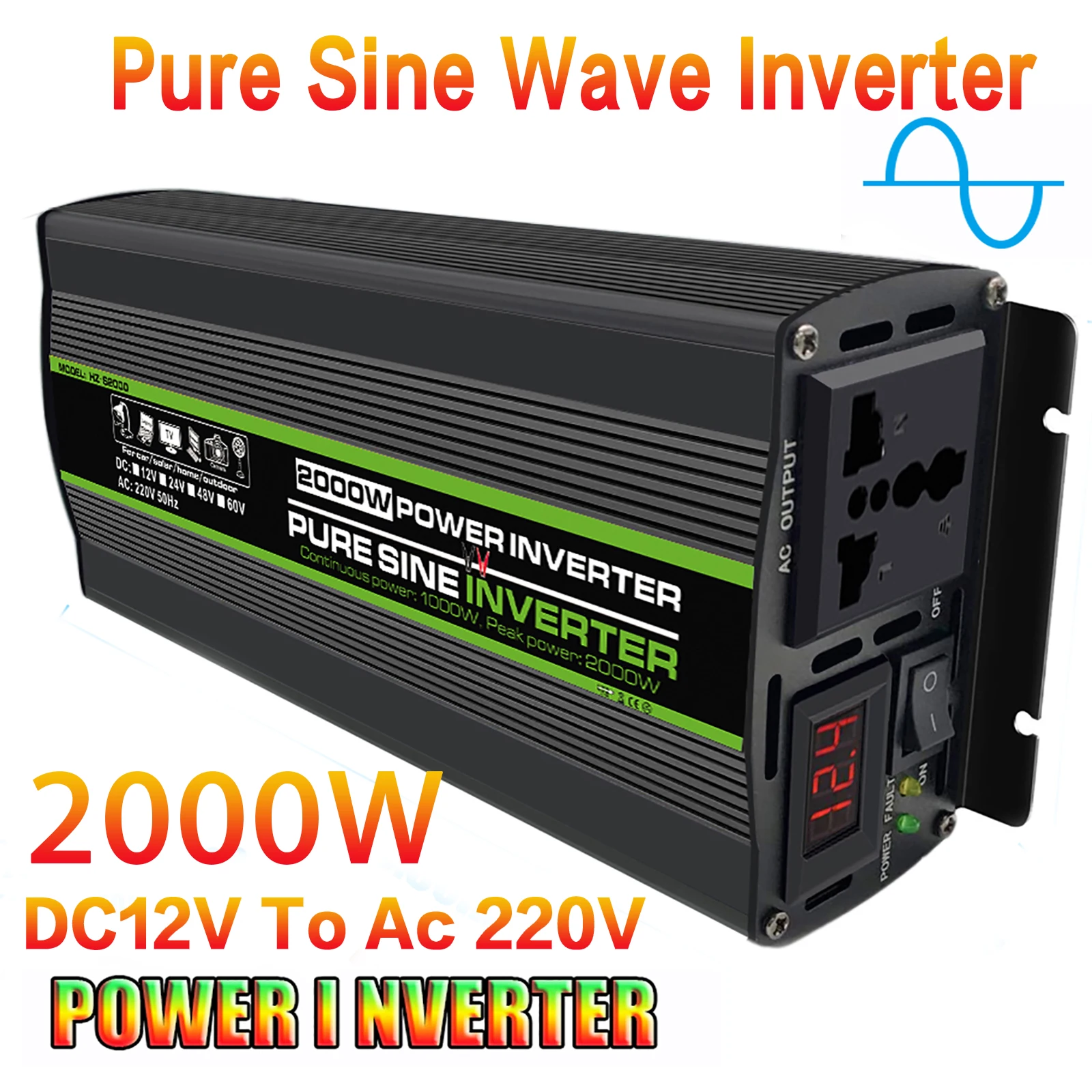 2600W Peak DC12V To AC 220V Pure Sine Wave Inverter Portable Power Bank Converter Solar Power Inverter for Car Home Laptop Truck
2600W Peak DC12V To AC 220V Pure Sine Wave Inverter Portable Power Bank Converter Solar Power Inverter for Car Home Laptop Truck