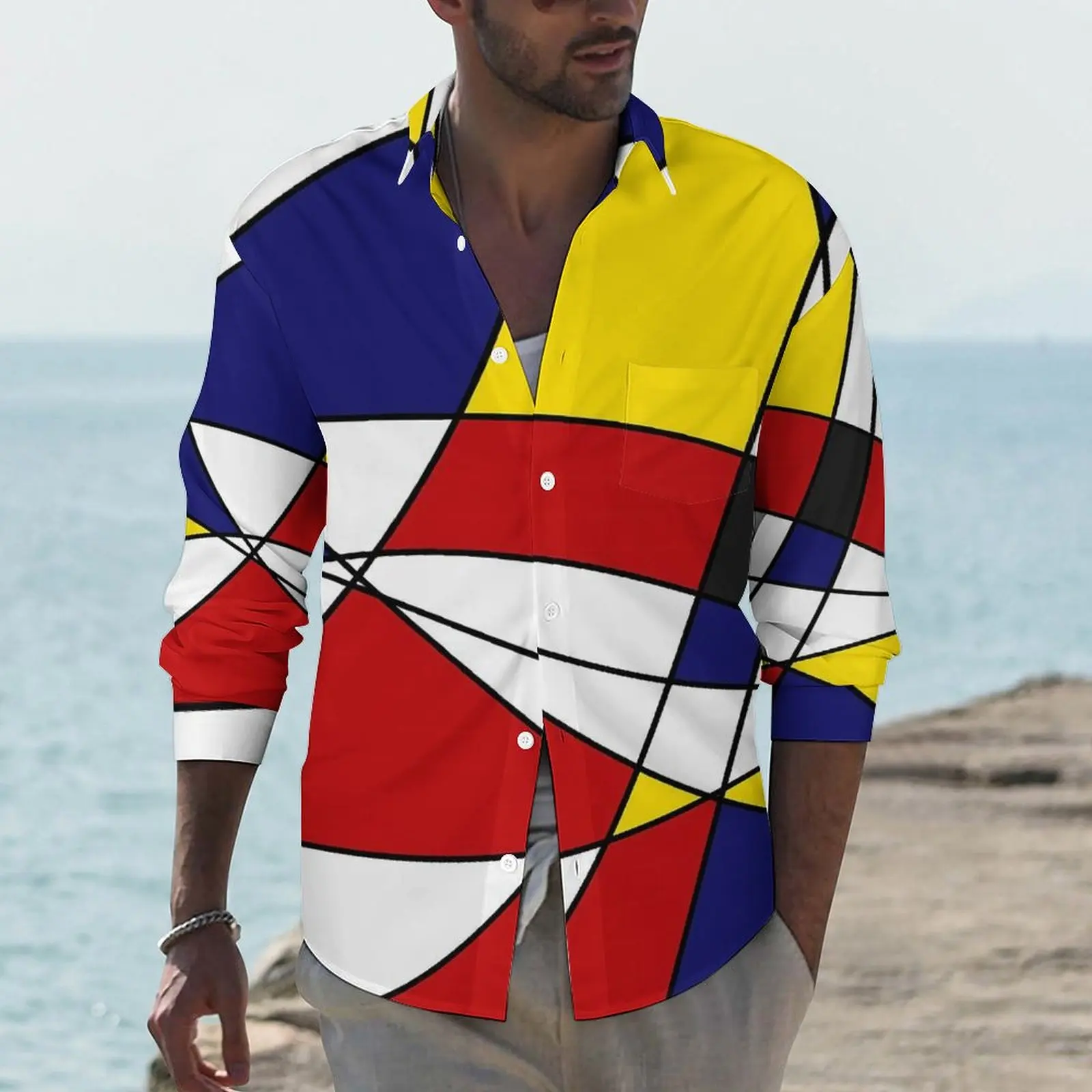 

De Stijl Funny Casual Shirt Male Mondrian And Gauss Shirt Spring Trendy Blouses Long Sleeve Graphic Oversize Clothing