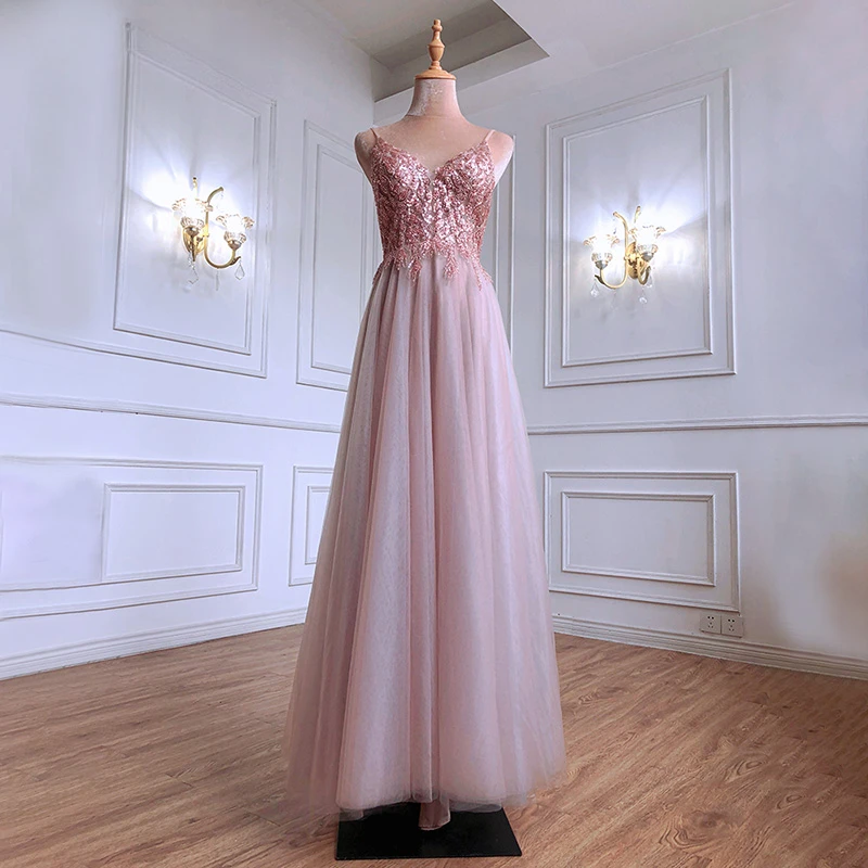 

Женское вечернее платье на тонких бретельках, розовое ТРАПЕЦИЕВИДНОЕ ПЛАТЬЕ С V-образным вырезом и бисером, длинное платье для выпускного вечера, 2021
