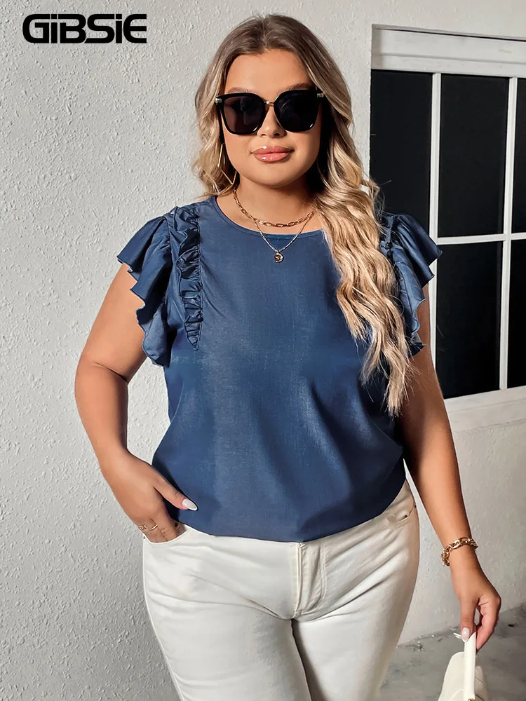 

GIBSIE Plus Size Solid Frill Trim Flutter Sleeve O-Neck Women Blouses Summer 2023 Sweet Ladies Fashion Casual Tops Big Size