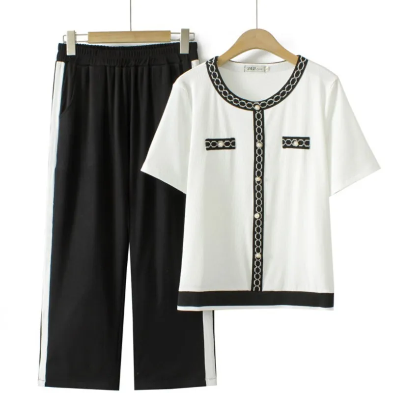 

Plus Size Women's Sets Chic O-Neck T-Shirt Black Straight Pants Twinset Oversized Curve Clothes Summer 2023