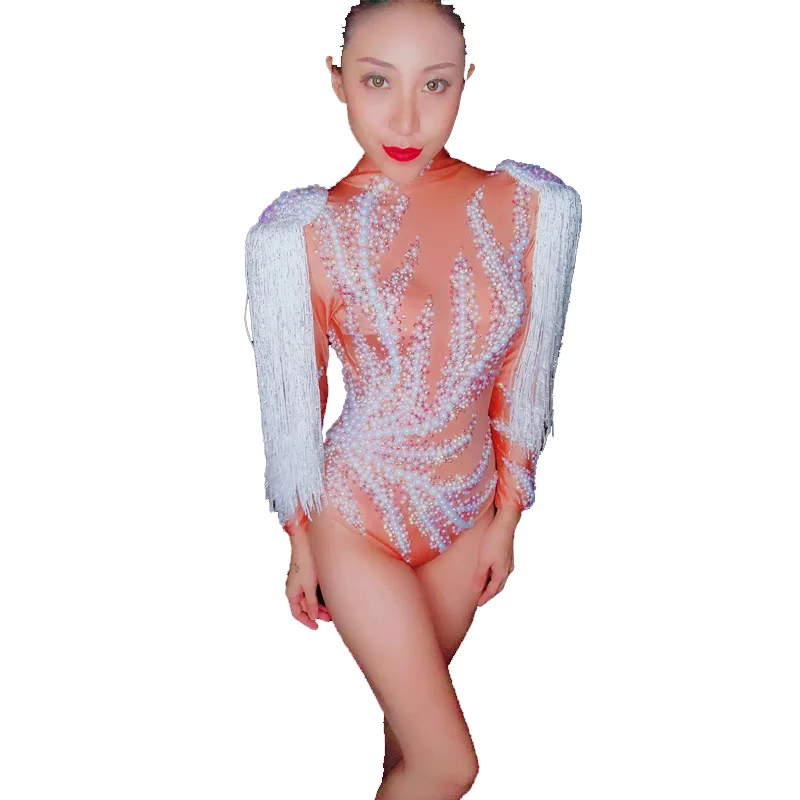 

New Nightclub Party Show Bodysuit Women's Flashing Rhinestones Pearls Tassel Spandex Bodysuit Female Singer Dancer Costume