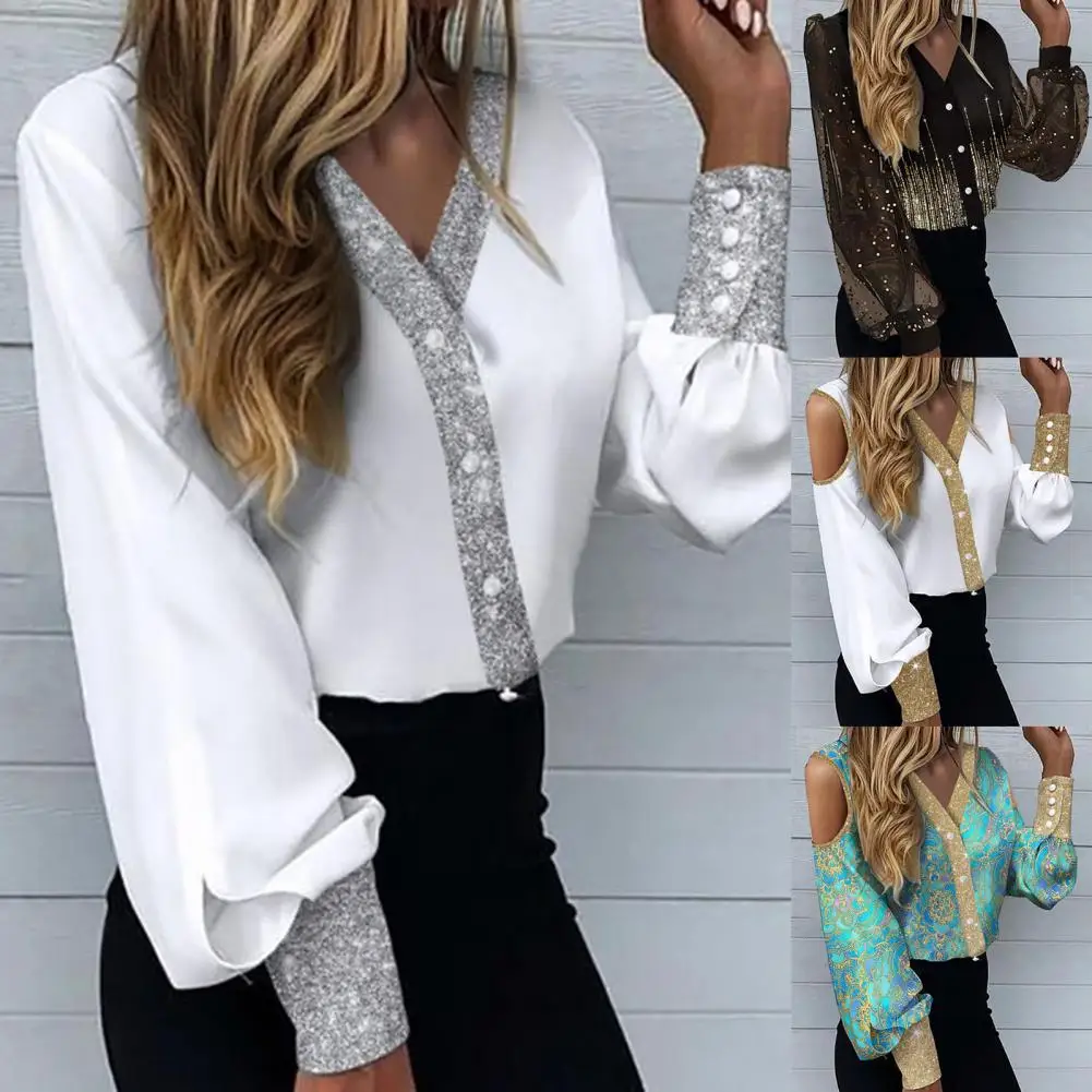Lightweight Stylish Solid Color Glitter Edge Fashion Shirt Lantern Sleeve Elegant Shirt Buttons Cuffs Ladies Clothing
Lightweight Stylish Solid Color Glitter Edge Fashion Shirt Lantern Sleeve Elegant Shirt Buttons Cuffs Ladies Clothing