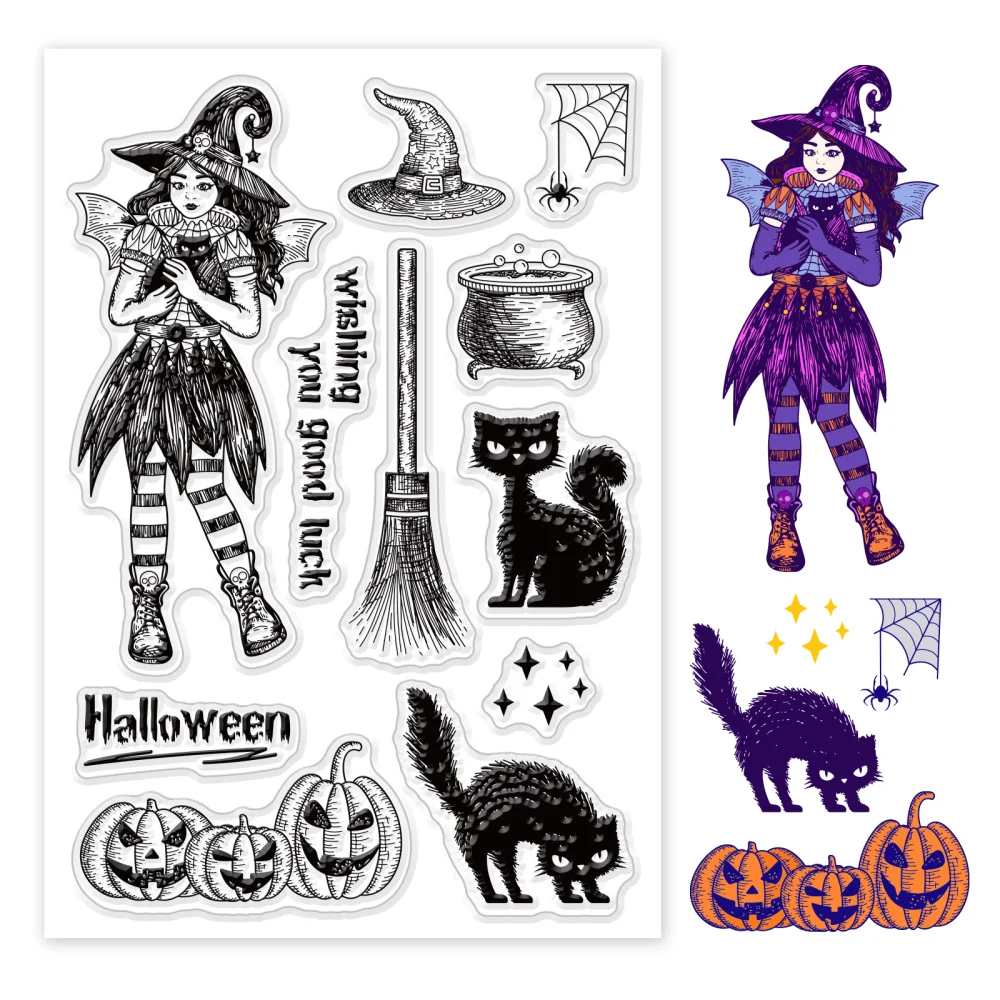 

Halloween Clear Silicone Stamp Witch Web Cat Broom Pumpkin Transparent Stamps Plastic Postage Stamp Seal for Holiday Card Making