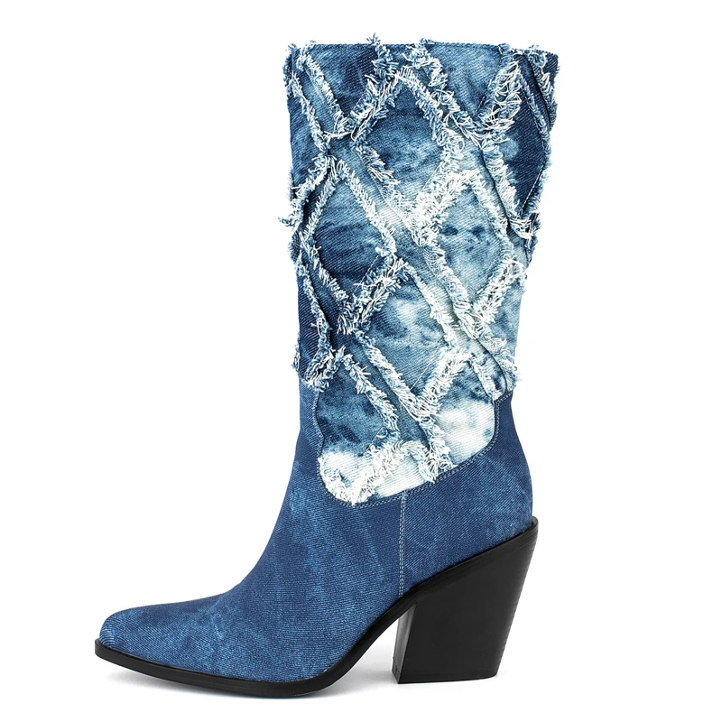 Blue Denim High Heels Mid Calf Boots For Women Tassels Punk Style Autumn Winter Girl West Cowboy Boots Boots Shoes Ladies
Blue Denim High Heels Mid Calf Boots For Women Tassels Punk Style Autumn Winter Girl West Cowboy Boots Boots Shoes Ladies