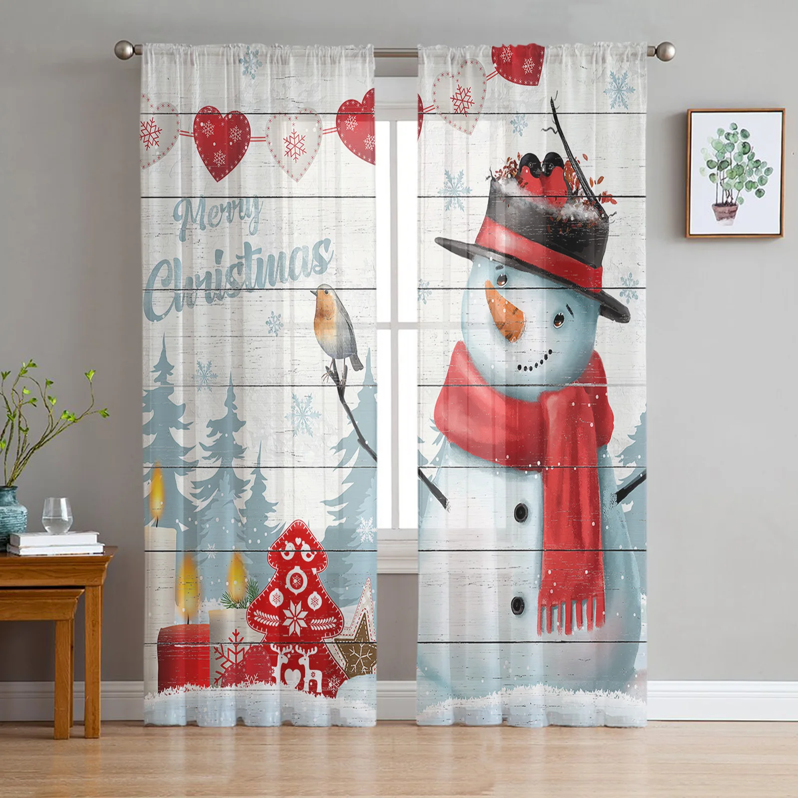 

Christmas Winter Snowman Snowflake Tulle Curtains for Living Room Sheer Voile Curtain for Bedroom Kitchen Window Drapes Blinds
