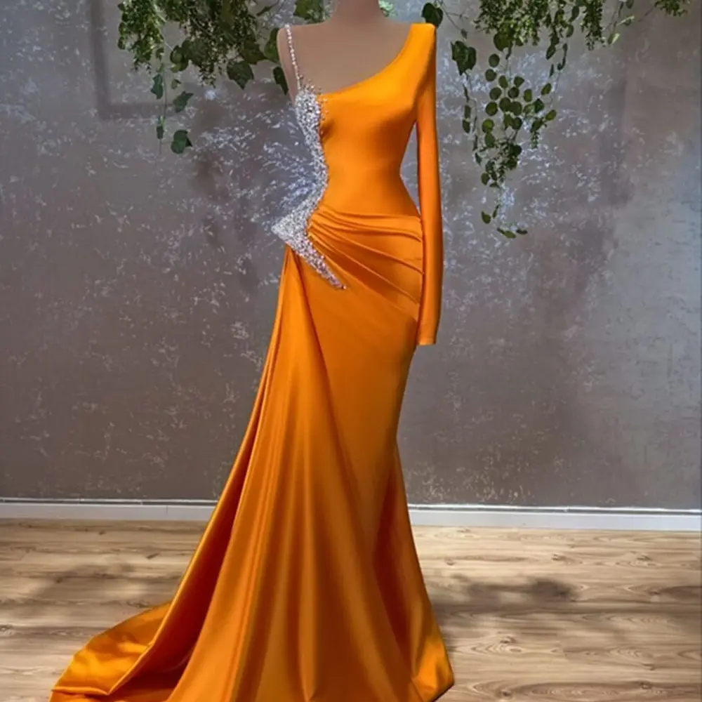 Long Sleeve Mermaid Orange Satin Women's Evening Dresses 2022 with Silver Beads Prom Party Dress vestidos de noche
Long Sleeve Mermaid Orange Satin Women's Evening Dresses 2022 with Silver Beads Prom Party Dress vestidos de noche
