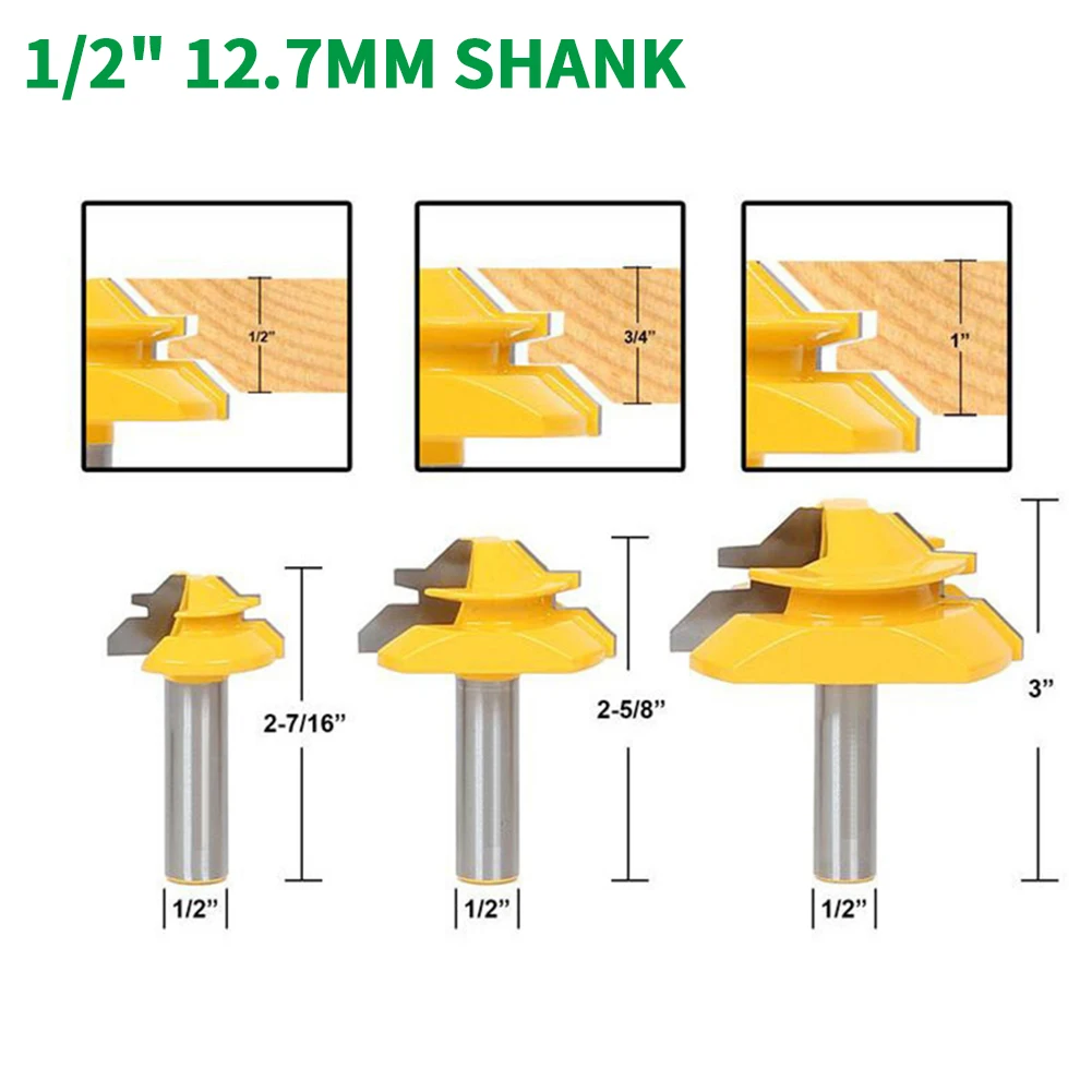 3PC/Set 1/2" 12.7MM Shank Milling Cutter Wood Carving 45 Degree Glue Joint Router Bits Glue Joint Set Woodworking Tenon Cutter
3PC/Set 1/2" 12.7MM Shank Milling Cutter Wood Carving 45 Degree Glue Joint Router Bits Glue Joint Set Woodworking Tenon Cutter