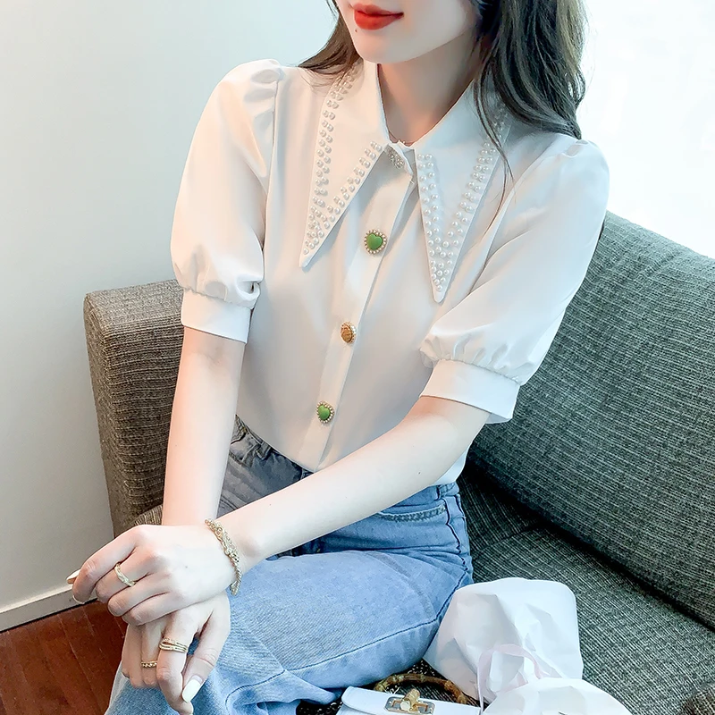 Shirts for Women 2022 Summer Polo Collar Bead Single-breasted Puff Sleeves Button Cardigan Top Solid Color Shirt Blouse Female
Shirts for Women 2022 Summer Polo Collar Bead Single-breasted Puff Sleeves Button Cardigan Top Solid Color Shirt Blouse Female