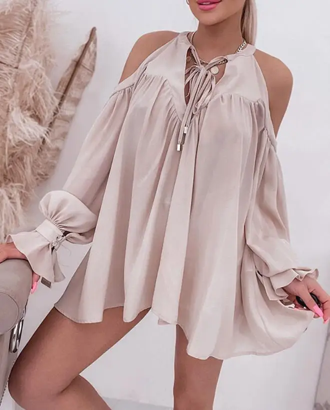 

Women Fashion Top Long Sleeve Lantern Sleeve Cold Shoulder Ruched Tied Detail Casual Top Daily Wear Temperament Commuting Style