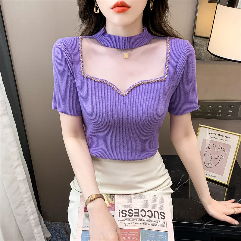 2023 Summer Beading Half High Neck Mesh Spliced Sweater Women Knit T Shirts Korean Fashion Sexy Slim Short Sleeve Knitwear Tops
2023 Summer Beading Half High Neck Mesh Spliced Sweater Women Knit T Shirts Korean Fashion Sexy Slim Short Sleeve Knitwear Tops