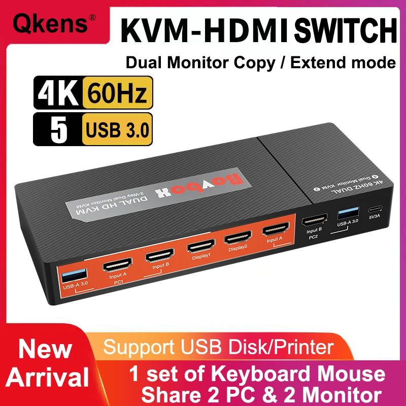4K 60Hz HDMI KVM Switch Box USB 3.0 DUAL HDMI 2 in 2 out switcher One Set of Keyboard Mouse Control 2 Laptop PC Host & 2 Monitor
4K 60Hz HDMI KVM Switch Box USB 3.0 DUAL HDMI 2 in 2 out switcher One Set of Keyboard Mouse Control 2 Laptop PC Host & 2 Monitor
