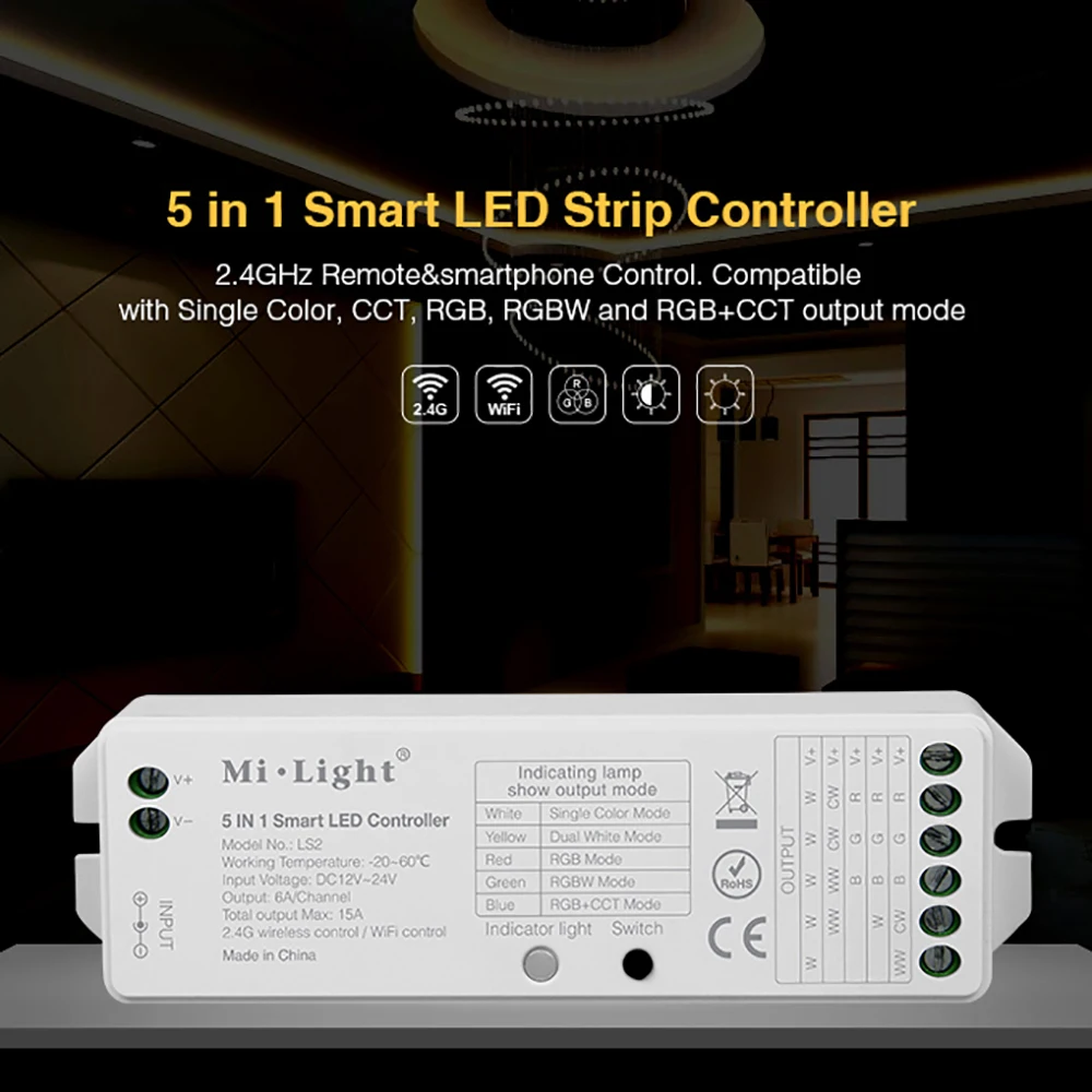 DC12V-24V 5 in 1 Smart LED Controller 2.4G wireless control Mi.Light LS2 for Single Color, CCT, RGB,RGBW,RGB+CCT LED Strip light
DC12V-24V 5 in 1 Smart LED Controller 2.4G wireless control Mi.Light LS2 for Single Color, CCT, RGB,RGBW,RGB+CCT LED Strip light