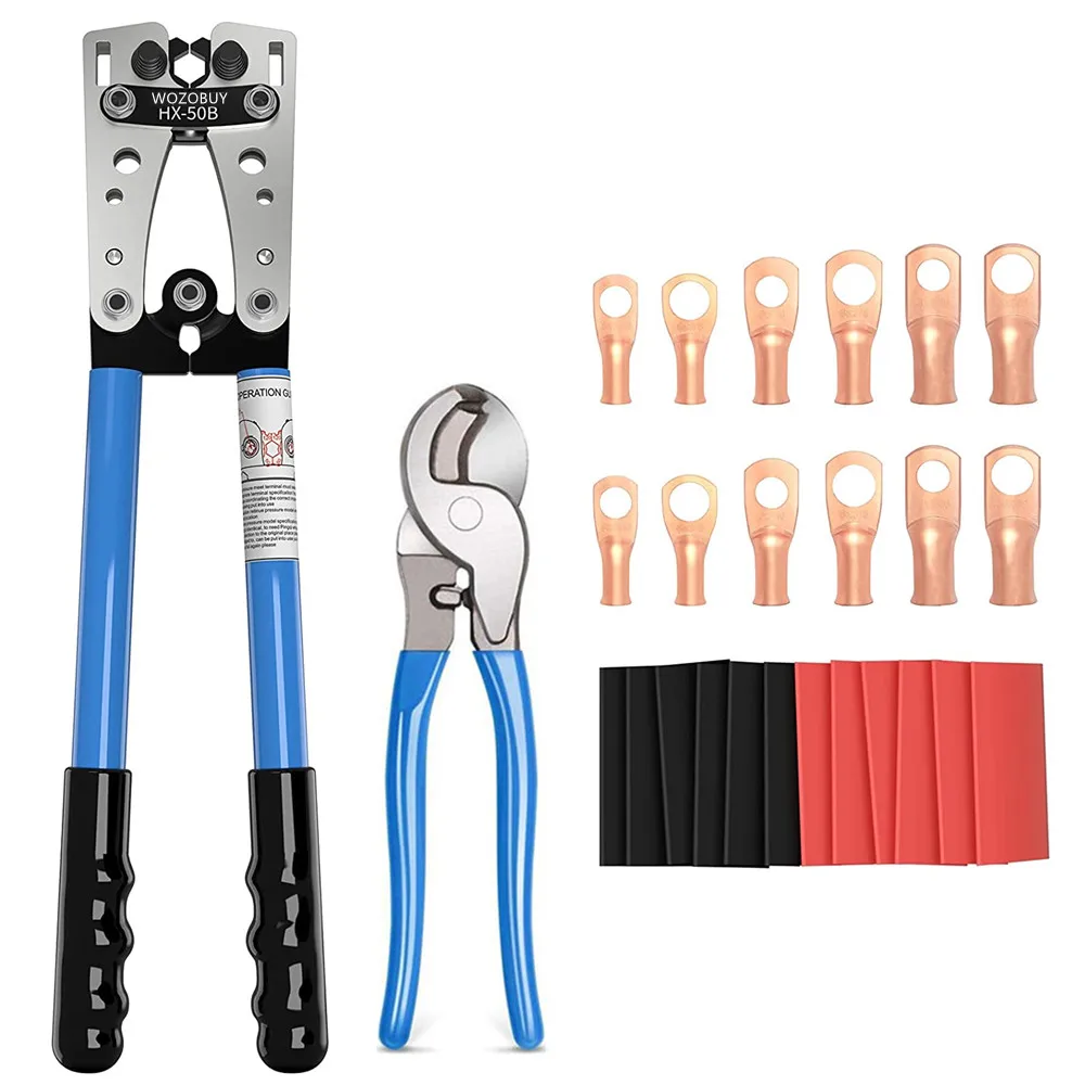 Battery Cable wire Lug Crimping Tool for AWG 8-1/0 Electrical Lug Crimper with Cable Cutter and 12PCS Ring Terminal Connectors
Battery Cable wire Lug Crimping Tool for AWG 8-1/0 Electrical Lug Crimper with Cable Cutter and 12PCS Ring Terminal Connectors