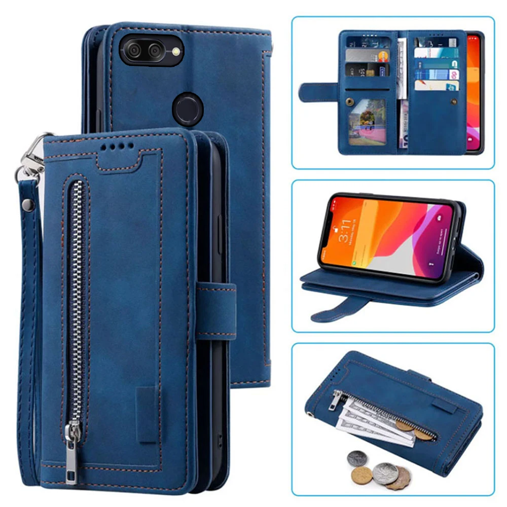 

9 Cards Wallet Case For ZenFone Max Plus M1 Case Card Slot Zipper Flip Folio with Wrist Strap Carnival For Asus ZB570TL Cover