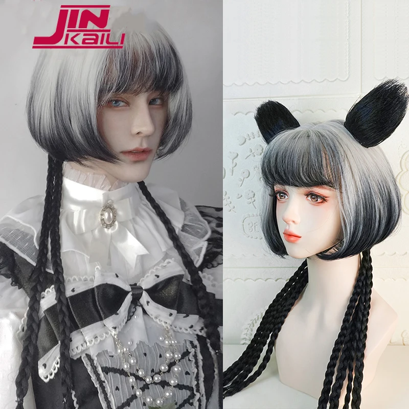 

JINKIALI Synthetic Long Straight Cosplay Wig With Bang White Gradient Black Cute Lolita Wig Women Halloween Cosplay Wig Female
