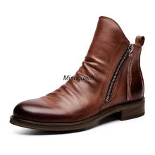 Mens Boots Fashion Chelsea Boots Leather Ankle Boots Double Side Zipper Non-slip Shoes for Men Platform Boots Zapatos De Hombre