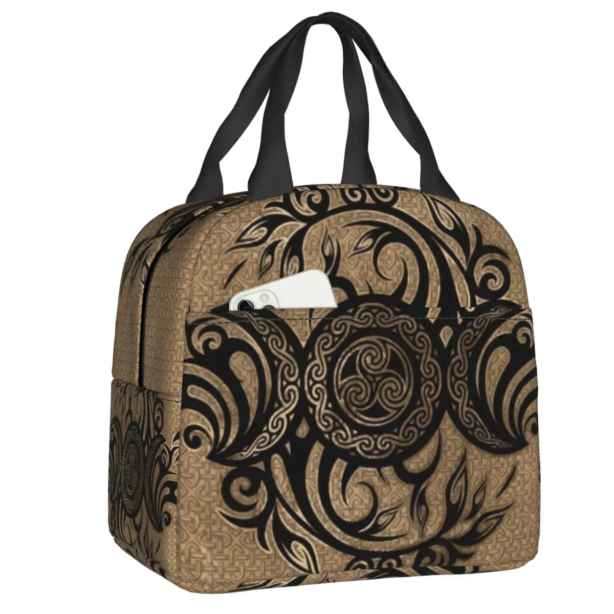 

Triple Moon With Triskelion Insulated Lunch Bag for Women Resuable Pentagram Pagan Wiccan Thermal Cooler Lunch Tote Beach Travel