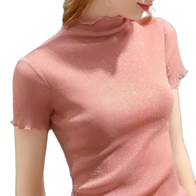 Bright silk screen bottomed t-shirt women's new half high neck Short Sleeve T-Shirt Top P3 694
Bright silk screen bottomed t-shirt women's new half high neck Short Sleeve T-Shirt Top P3 694