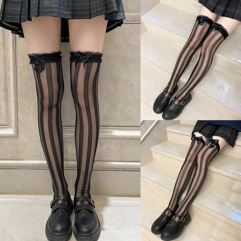 

Japanese Style Ultra Thin Sheer Thigh High Socks Vertical Stripes JK Uniform Bowknot Over Knee Long Stockings for Women