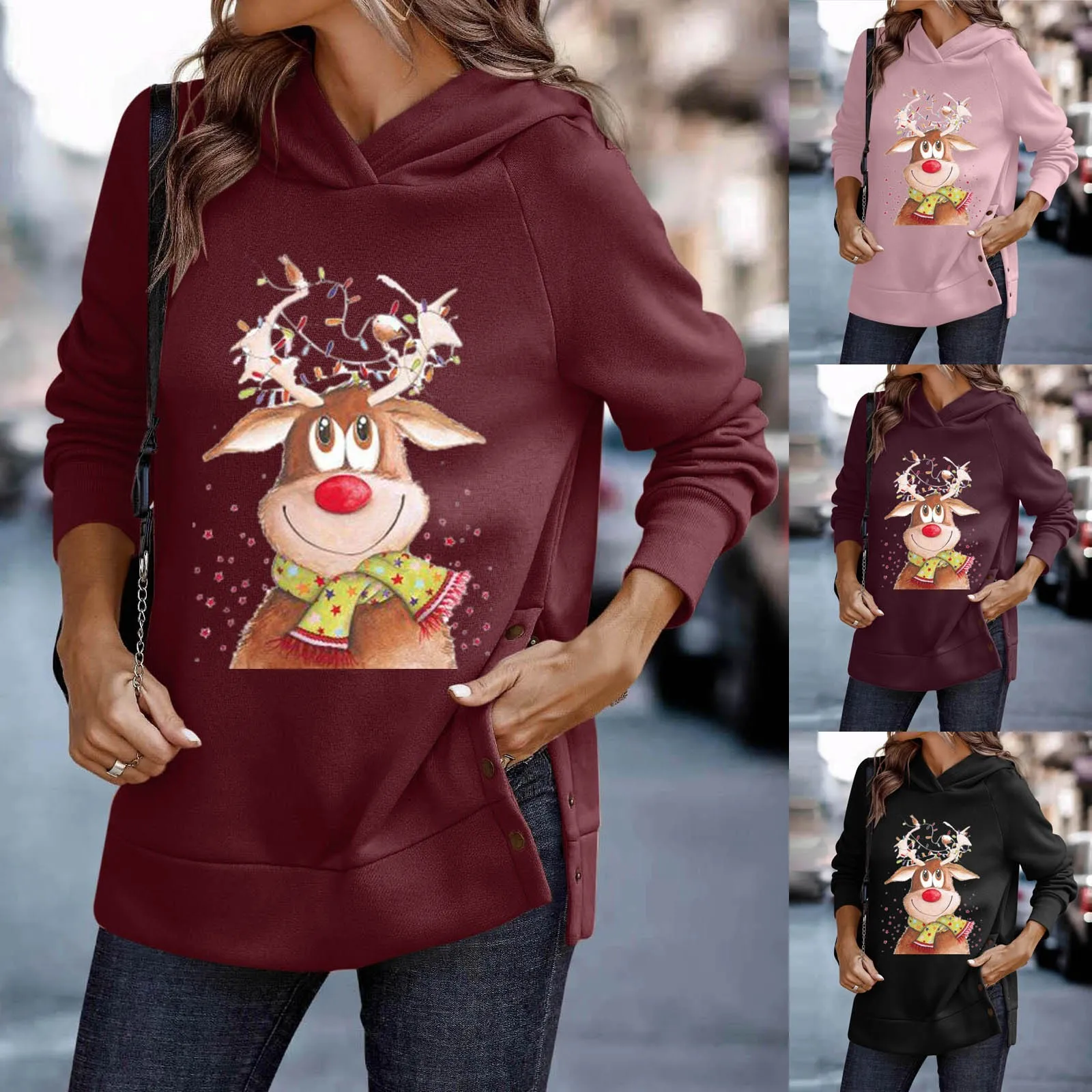 Women Christmas Print Hooded Sweatshirt Button Split Hem Long Sleeve Top Thin Hoodie Women
Women Christmas Print Hooded Sweatshirt Button Split Hem Long Sleeve Top Thin Hoodie Women