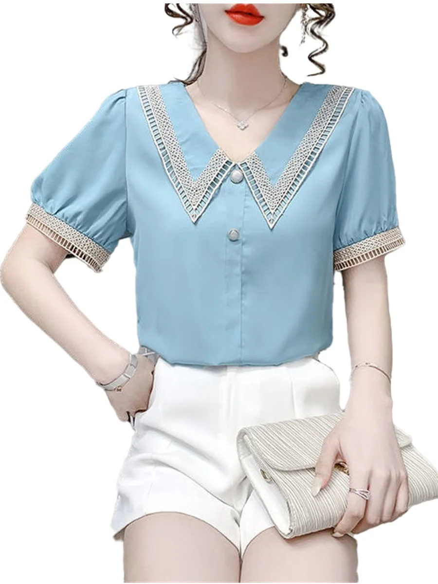 4XL Women Spring Summer Blouses Shirts Lady Fashion Casual Short Sleeve Turn-down Collar Lace Solid Color Blusas Tops G2272
4XL Women Spring Summer Blouses Shirts Lady Fashion Casual Short Sleeve Turn-down Collar Lace Solid Color Blusas Tops G2272