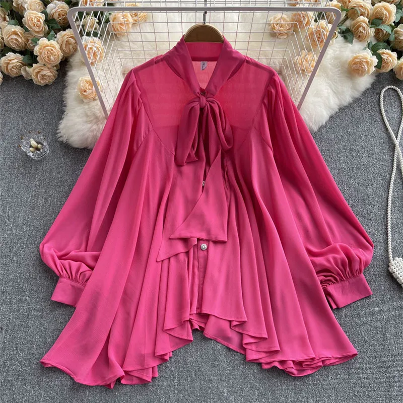 Summer Fashion Chic Irregular chiffon Shirt High-end Long Lantern Sleeve Loose Top Straps Tie Fuchsia Black White Yellow Blouse
Summer Fashion Chic Irregular chiffon Shirt High-end Long Lantern Sleeve Loose Top Straps Tie Fuchsia Black White Yellow Blouse