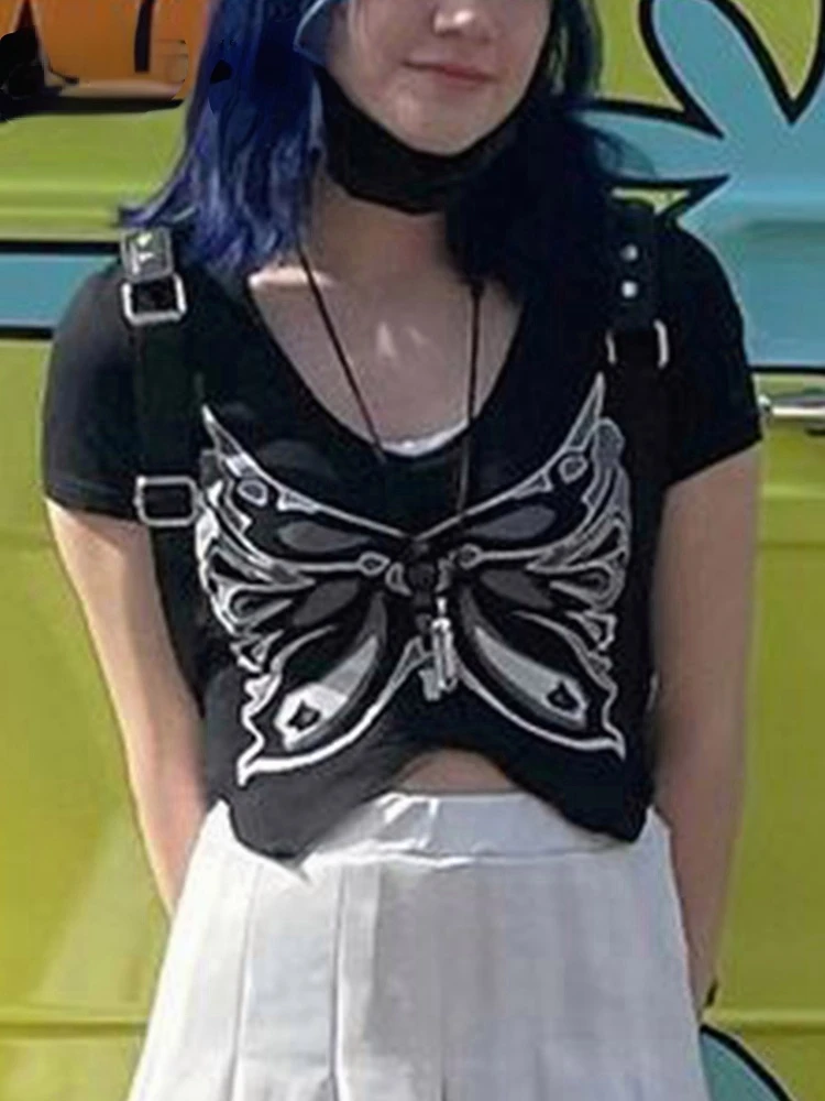 Retro Y2k Butterfly Shape Crop Top Short Sleeve V Neck T Shirt Grunge Goth Black Pullovers Basic Tee Cute Summer Women Tank Top
Retro Y2k Butterfly Shape Crop Top Short Sleeve V Neck T Shirt Grunge Goth Black Pullovers Basic Tee Cute Summer Women Tank Top